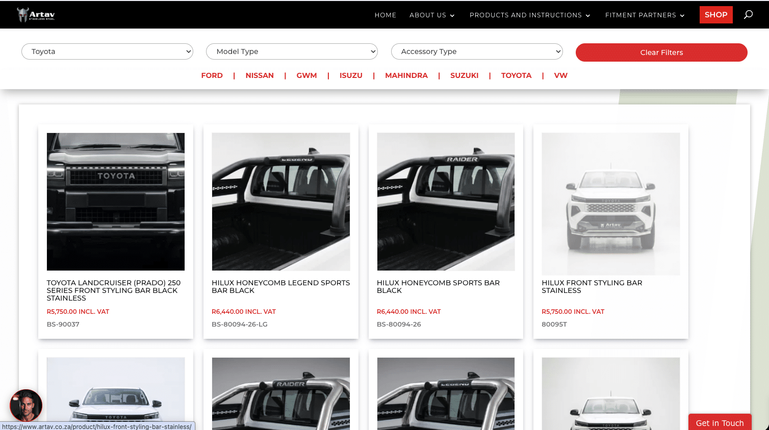 Artav Stainless Steel e-commerce store built by Classic Fusion Media — online shop for 4x4 and bakkie accessories