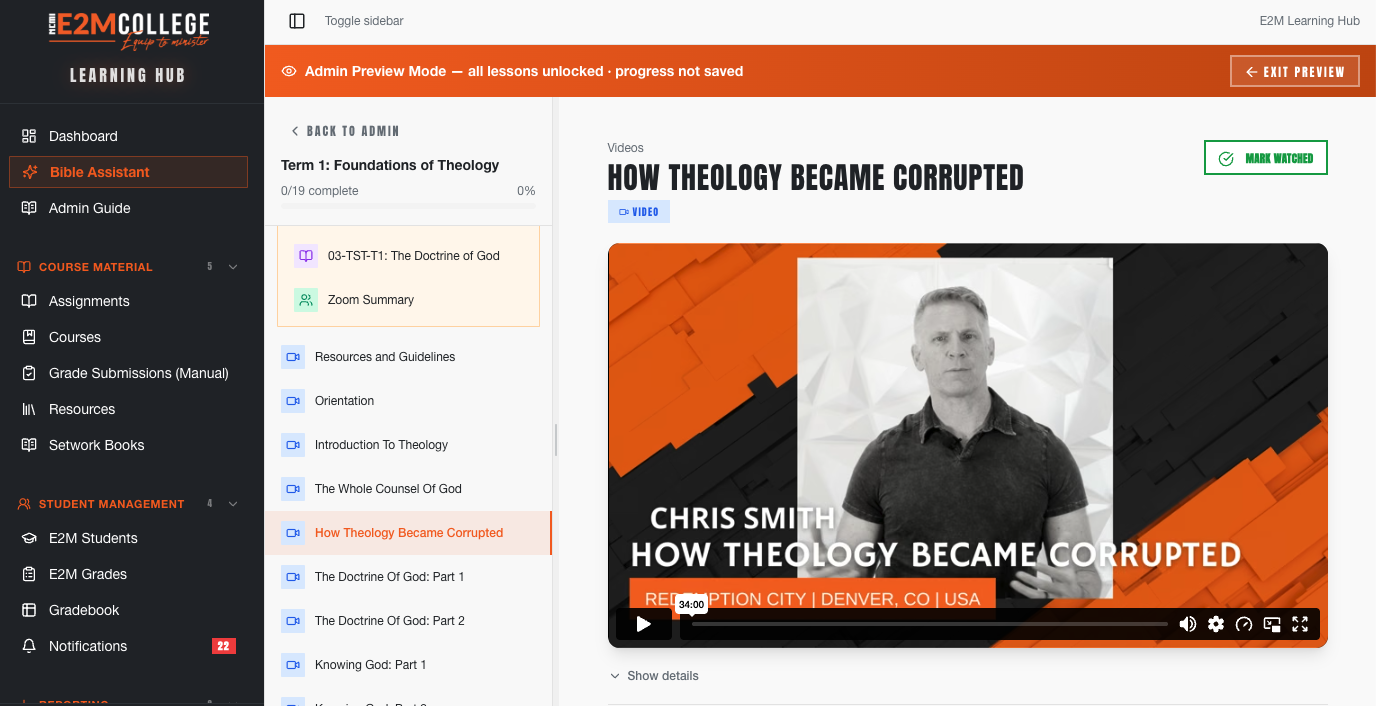 E2M College online course platform built by Classic Fusion Media — video learning interface