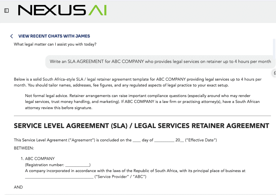 NexusAI drafting a Service Level Agreement and legal services retainer agreement for a South African company